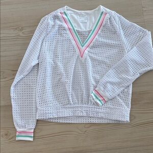Lucky in Love White Mesh V-Neck Top with Pink and Green Trim